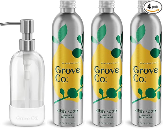 Grove Co. Ultimate Dish Soap Refills (3 x 16 Fl Oz) + Refillable Glass Dish Soap Dispenser for Kitchen Sink with Non-Slip Silicone Sleeve, Plastic Free Cleaning Products, Lemon & Eucalyptus
