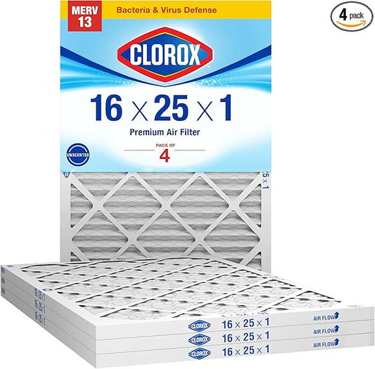 Clorox 16x25x1 Air Filter, MERV 13 Pleated HVAC AC Furnace Air Filters, MPR 1500 & FPR 10 – Pack of 4