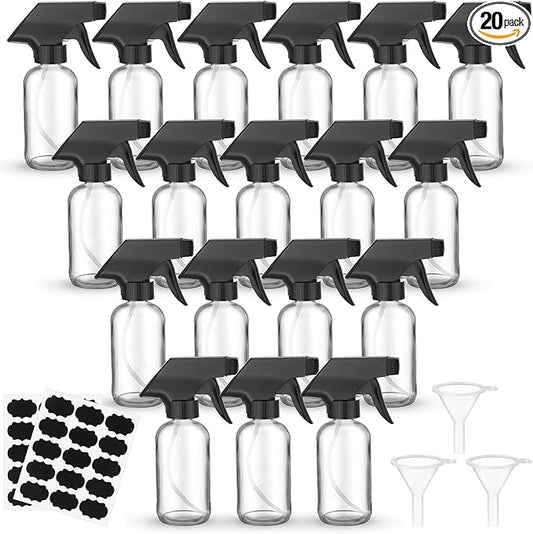 Fumete 20 Pcs 4 oz Glass Spray Bottles Empty Refillable Sprayer Containers with Funnels Labels Black Trigger Sprayers Spray Bottles for Essential Oil DIY Kitchen Hair Plants(Clear)
