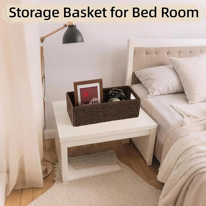 Paper Rope Wicker Baskets with Handles, 2 Pack Storage Basket, Rectangle Wicker Basket, Small Wicke Baskets for Organizing Shelves, Toilet Paper Storage Basket for Bathroom, Brown