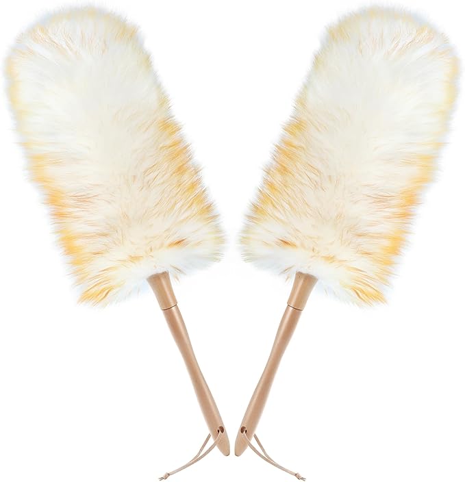 ONESIMUS 2 Pack Lambswool Dusters Fluffy Handheld Natural Feather Duster, 16.1 inch Washable Reusable Wool Dusters with Solid Wooden Handle for Cleaning Ceiling Fan, Interior, & Car etc