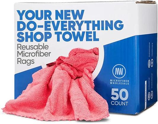 Microfiber Wholesale Microfiber Shop Towels | MWipes Reusable Red Shop Rags | 50 Rags in a Box | Super Absorbent, Machine Washable Hundreds of Times | Automotive, Paint, Industrial, Detailing