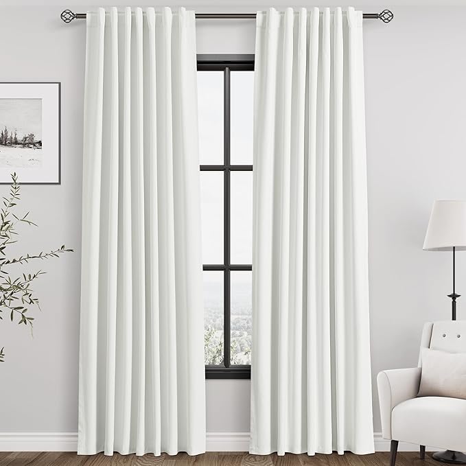 100% Blackout Linen Curtains 84 Inch Length 2 Panels Ivory Light Blocking Darkening Living Room Curtains 84 Inches Long Elegant Modern Back Tab Pocket Noise Reducing Drapes for Nursery 52X84