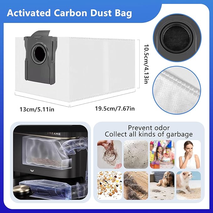 L10s Pro Ultra Heat/X30 Ultra/ L10s Ultra gen 2/L40s Ultra AE/CE Replacement Parts for Dreame, Mova E30 Ultra accessories:2 Main Brushes,8 Mop Pads,6 Carbon Dust Bag,4 Carbon Filters,6 Side Brushes