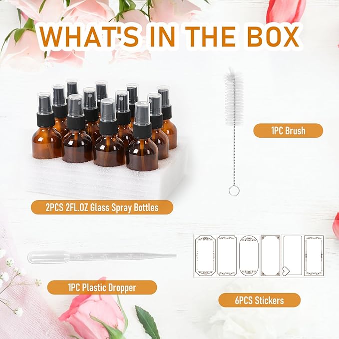 2 oz Glass Spray Bottles with Fine Mist Sprayer 2Pack, 60ml Small Amber Glass Spray Bottles 2 oz for Perfumes,Cleaning Products,Pet Spray (2fl.oz, Set of 2)