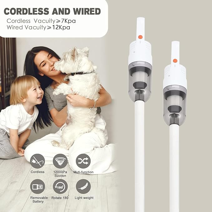 SIPPON 6-in-1 Lightweight Stick Vacuum Cleaner with 100W Powerful Motor, Mini Portable Household Handheld Vacuum Cleaner for Domestic Hard Floors, Carpets and Pet Hair (White Cordless with Plug)