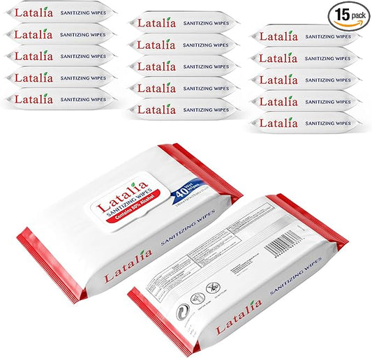Latalia Hand Wipes Pack of 15 | 80% Alcohol Hand Sanitizer Wipes for Hands & Face Moisturizing, Gentle, Convenient and Fragrance Free (40 Counts)