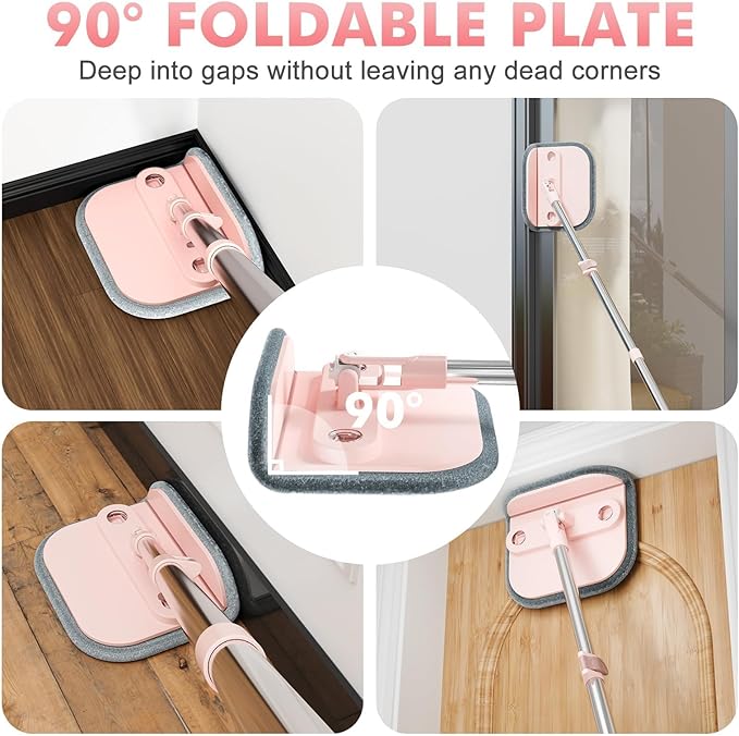 Upgraded Spin Mop and Bucket System Set, Self Separate Clean and Dirty Water, Foldable Square Standing Mop Head with Microfiber Mop Pads, Detachable Bucket (Pink, Mop Set with 6PC Pads)