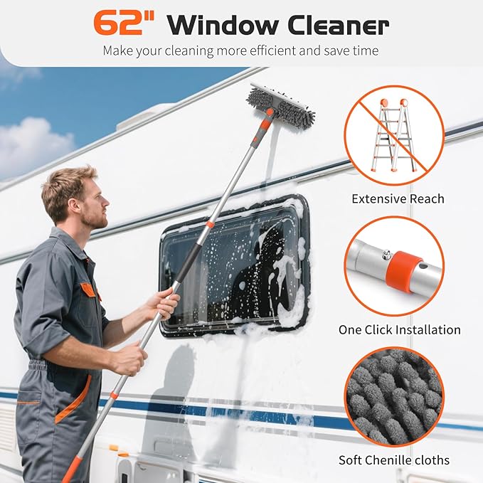 Ordenado 62" Window Squeegee Cleaning Kit, 2 in 1 Window Cleaner Tool with Long Handle, Rotatable High Windows Washing Kit for Home & Outdoor, Detachable Washer Tool Squeegee for Shower Glass, Car