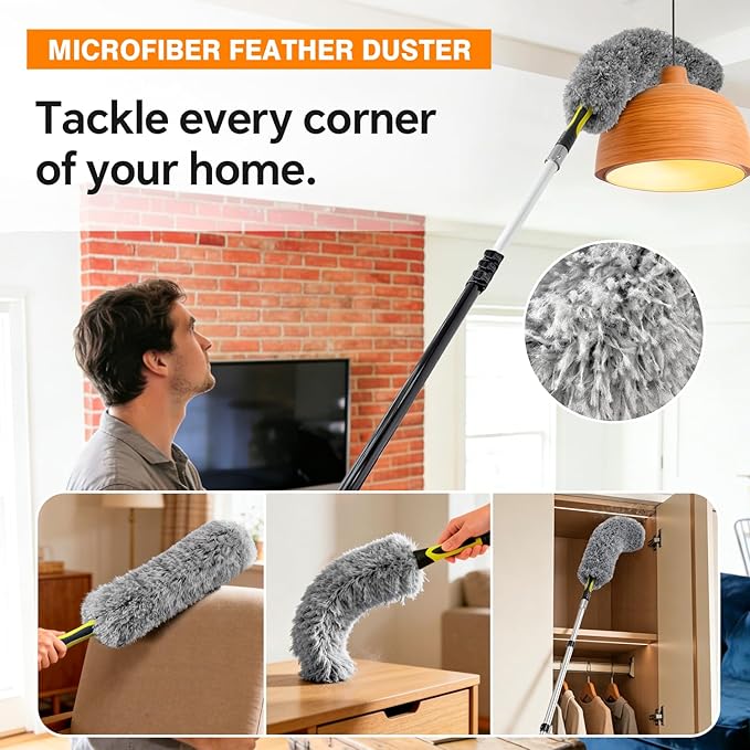 ARTIPOLY 20 Foot Telescoping Extension Pole Kit, 4-in-1 High Reach Duster with Chenille Microfiber Feather & Cobweb Duster Attachments for Ceiling Wall Hard-to-Reach Indoor & Outdoor Cleaning Yellow