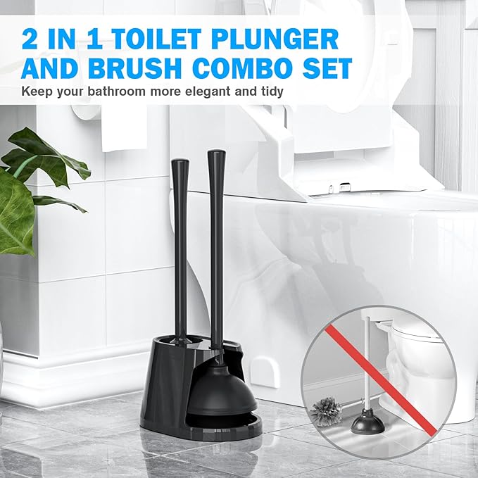 Toilet Plunger and Brush Set, Bowl Brush and Heavy Duty Toilet Plunger with Ventilated Holder, 2-in-1 Toilet Brush and Plunger Combo for 5.3-inch Toilet Drain Bathroom Deeply Cleaning