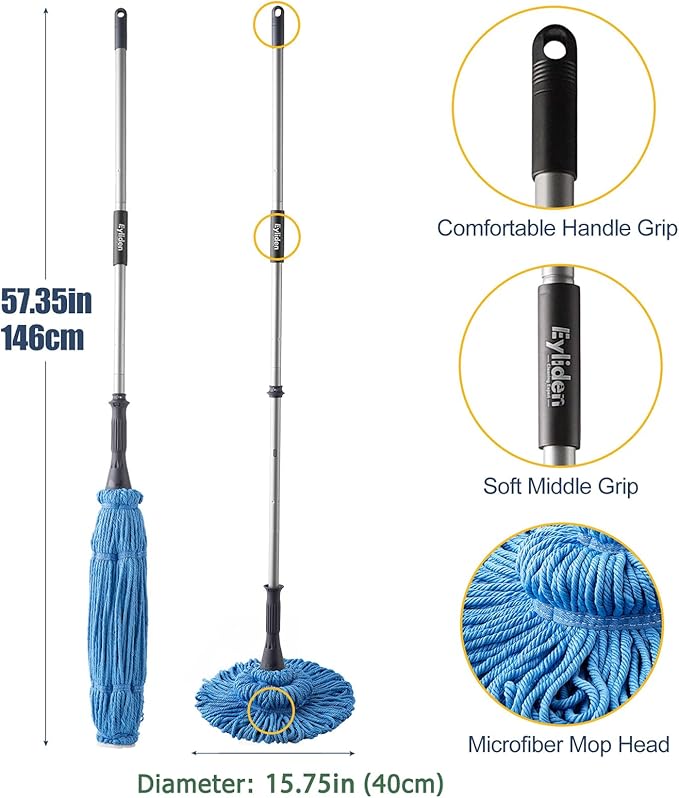 Eyliden Mop with 2 Reusable Heads, Easy Wringing Twist Mop, with 57.5 inch Long Handle, Wet Mops for Floor Cleaning, Commercial Household Clean Hardwood, Vinyl, Tile, and More