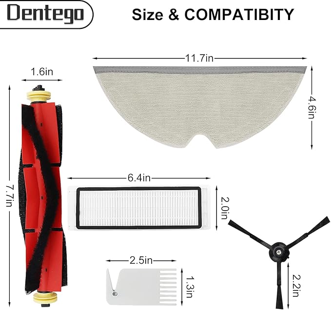 16 Packs Replacement Parts Compatible for Roborock S6 Pure, S6, E4, S4 Max, S6 MaxV, S5, S5 Max, S4, E20 E25 E35 S50 Xiaomi Mijia Robot Vacuum, 2 Main Brush, 4 Filters, 6 Side Brushes, 4 Mop Cloth