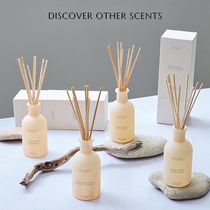 Benevolence LA Reed Diffuser - Orange, Cedarwood & Clove | Fall Home Fragrance Diffuser for Home & Bathroom | Long-Lasting Scent Sticks - Malibu Sands Collection
