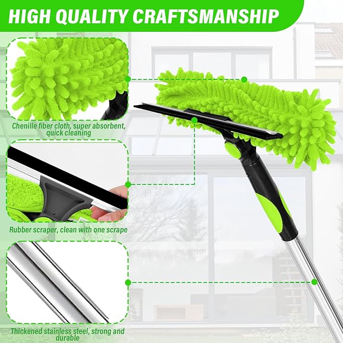 RIZENCE 4.5M/14.7ft Window Cleaning Squeegee Tools, 3-in-1 Window Washing Kit with 10 Extension Pole, 2 Microfiber Cloth Brush & Squeegee, Telescopic Window Cleaner Tool for High Window, Car Glass