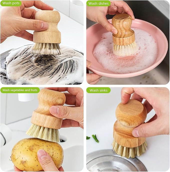 2er Pack Palm Pot Brush- Bamboo Round Mini Dish Brush Natural Scrub Brush Durable Scrubber Cleaning Kit with Union Fiber and Tampico Fiber for Cleaning Pots, Pans and Vegetables (B, L)