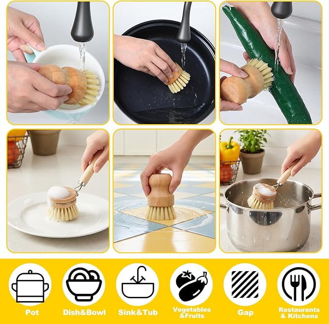 IANFAN 9 Pcs Bamboo Dish Brush Set, Multifunctional Dishwashing Scrubber with Natural Sisal Bristles, Wooden Dish Brush for Cleaning Pots, Dishes, Pans, Vegetables