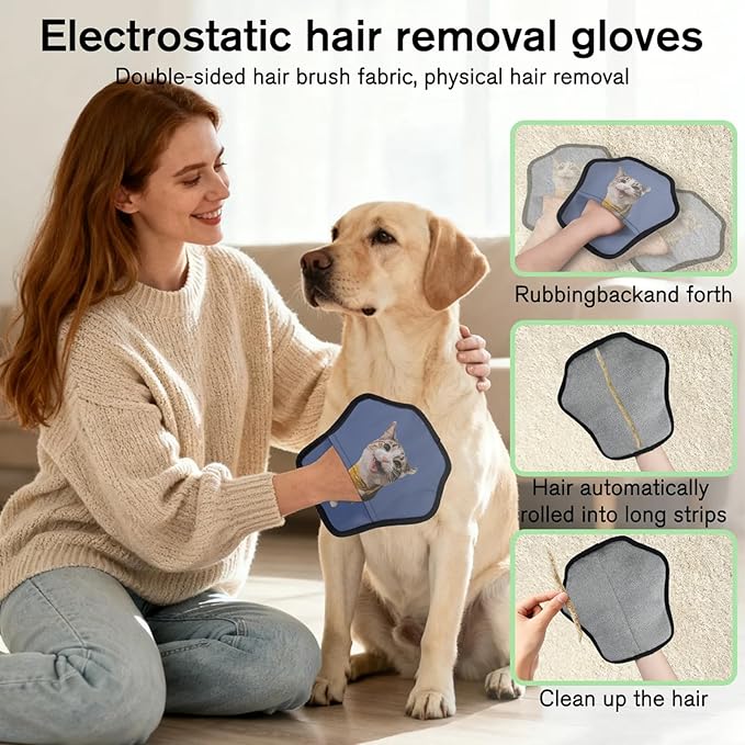 XIOBODR Personalized Pet Hair Remover Glove for Dogs & Cats - Custom Photo & Name Magic Brush for Dog Cat Hair Removal, Reusable Electrostatic Pet Hair Gloves for Furniture Carpet Couch, Photo Blue