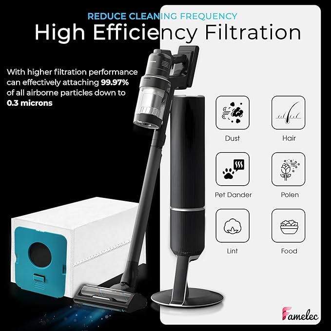 FAMELEC 16 Pack Replacement ADB953 Dust Bag for Samsung Bespoke Vacuum Bags, Compatible with Samsung Bespoke Jet Cordless Stick Vacuum Cleaner with All In One Clean Station, Fit for Vacuum Bag