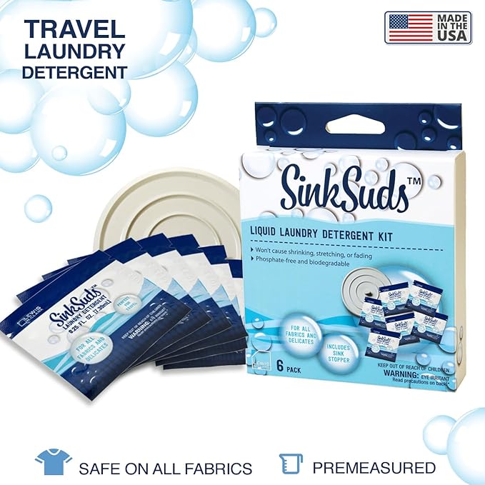 SinkSuds Laundry Detergent Travel Size Liquid Soap TSA Compliant Safe for All Fabrics 6 Packets & 1 Sink Stopper