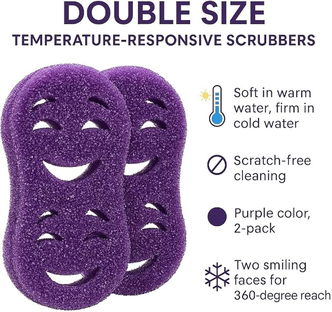 Smilyeez Double-Size Scrub Moji Sponge 2-Pack – Dual Smiling Faces, Temperature-Responsive Scrubber – Scratch-Free, Odor & Stain Resistant – Purple