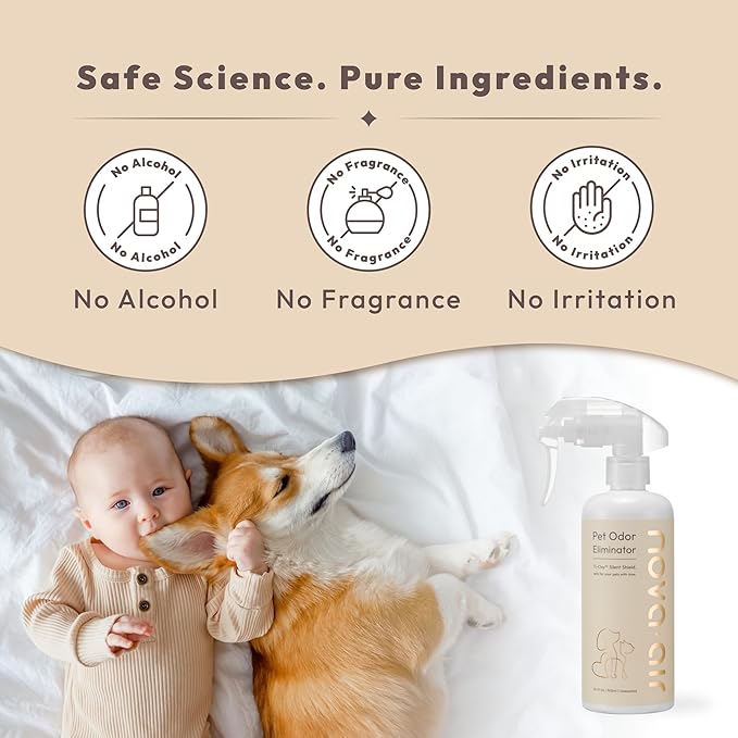 Nova-air Pet Odor Eliminator Spray – Instantly Destroys Odors & Pet Smells by Innovated Ti-Oxy™. Non-toxic, Fragrance-free & Safe for Pets, Home Use. Works on Urine, Litter Boxes, Carpets -10oz