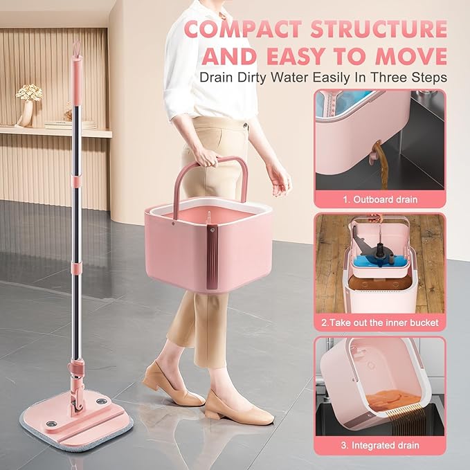 Upgraded Spin Mop and Bucket System Set, Self Separate Clean and Dirty Water, Foldable Square Standing Mop Head with Microfiber Mop Pads, Detachable Bucket (Pink, Mop Set with 6PC Pads)