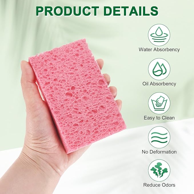 M METERXITY 6-Pack Kitchen Sponges, Condense Eco Cellulose Non-Scratch Scrub Heavy Sponge for Kitchen/Household/Bathroom, Clean Tough Messes Dish Scrubber [Pink]