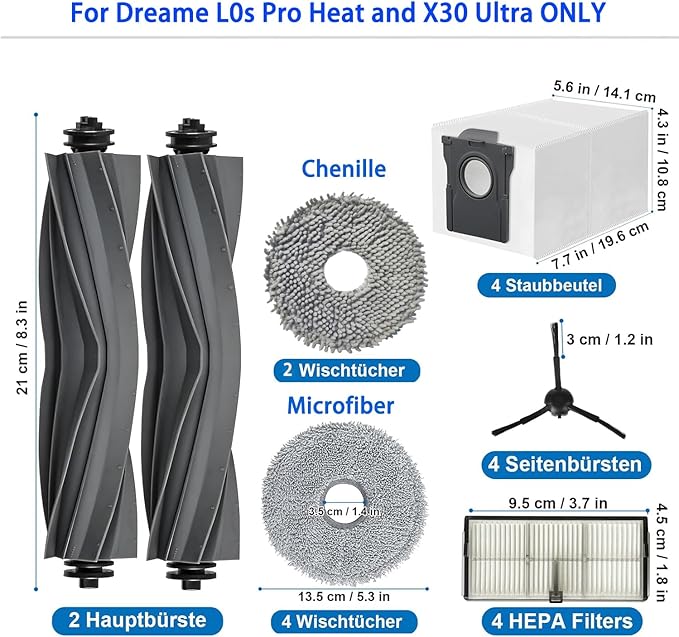 JoyBros Accessories for Dreame L10s Ultra Heat ONLY; X30 Ultra mops/Wipes X6; dust Bag X4; Filter HEPA X4; Main Brushes X2; Side Brushes X4 Spare Parts