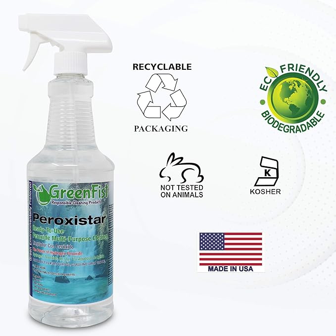 GreenFist Hydrogen Peroxide All Purpose (Glass, Carpet,Stain Remover) Cleaner (1 Quart, 32 oz - 6 PACK)