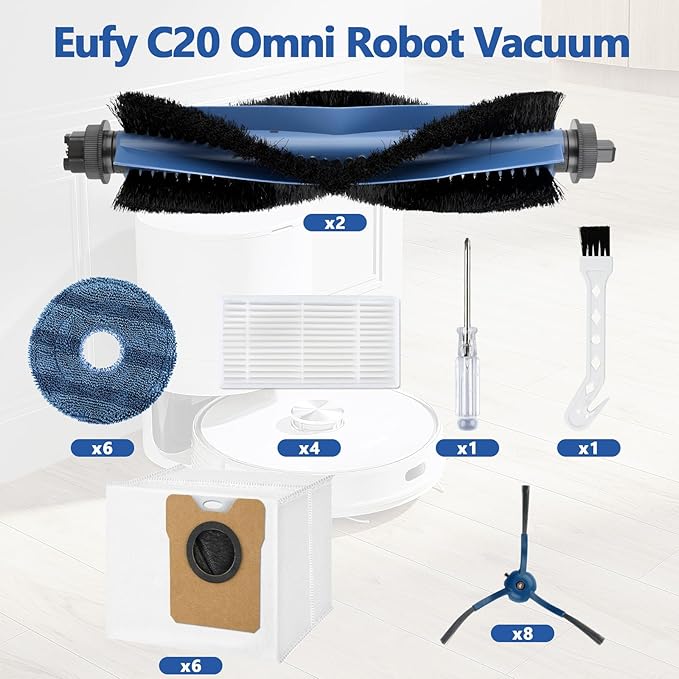 28 Pack C20 Omni Replacement Parts for Eufy C20 Omni Robot Vacuum Cleaner Accessories Kit, 2 Roller Brush, 4 HEPA Filters, 6 Mop Pads, 6 Dust Bags, 8 Side Brushes,1 Cleaning Brush 1 Screwdriver