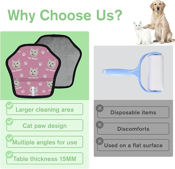 Personalized Pet Hair Remover Glove for Dogs & Cats - Custom Photo & Name Magic Brush for Dog Cat Hair Removal, Reusable Electrostatic Pet Hair Gloves for Furniture Carpet Couch, Face Paw Pink