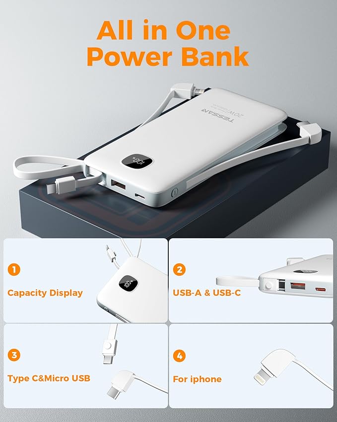 TESSAN Portable Charger with Built in Cables, 10000mAh Power Bank Fast Charging with Foldable Wall Plug Charger, 20W Compact Battery Pack Travel Essentials for iPhone 16/15 Series, Samsung, Tablets