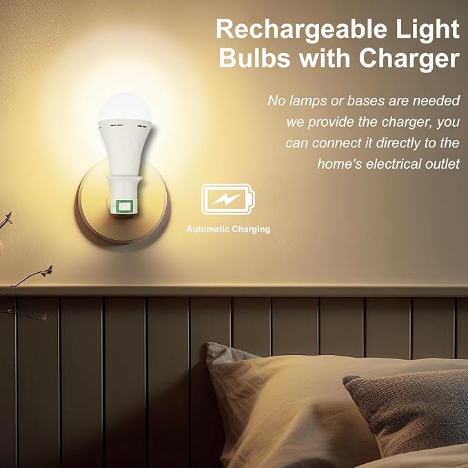 Emergency Rechargeable Light Bulbs,6 Pack Battery Operated Backup Light Bulb for Power Outage Camping Outdoor Hurricane 9W E27 8500K 1200mAh White Equivalent Self-Charging LED Light Bulbs