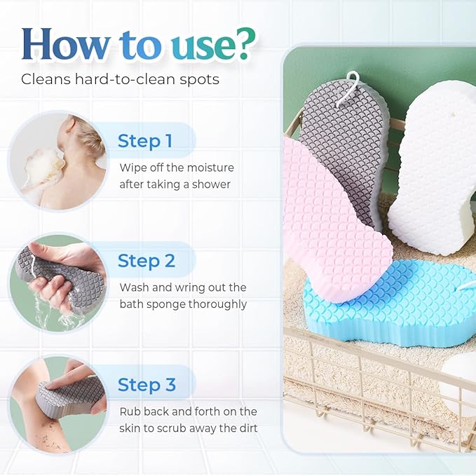 Magic Exfoliating Bath Sponge, 2025 New Super Soft Exfoliating Bath Sponge, 3D Magic Exfoliating Body Scrubber, Shower Sponges for Body Removes Dead Skin (White Gray)