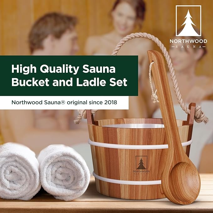 Sauna Bucket and Ladle Set - Handmade from Canadian Red Cedar Wood - Natural Rope Handle - 1.6 Gallons (6 Liters) Water Capacity