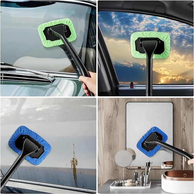 Windshield Cleaning Tool Windshield Cleaning Wand Auto Window Cleaner,5 Pieces Reusable Cloth Pads for Car Interior, Dirty Car Washing Brushes (Green)