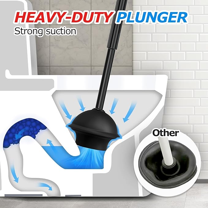 2Pack 2 in 1 Toilet Brush and Plunger Set, Extended Handle Plunger,Toilet Bowl Brush Plunger Set,Bathroom Cleaning Tools,Toilet Brush Plunger Combo,Cleaning Supplies，Bright Black(19.9inch)