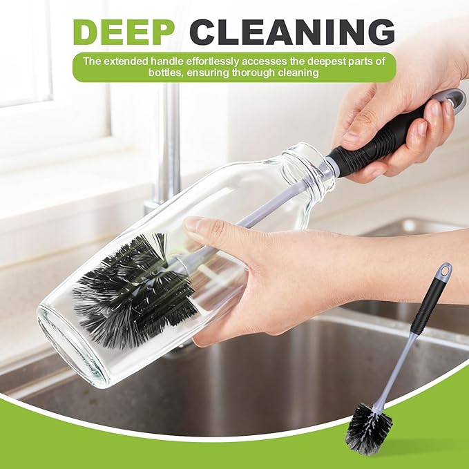 ZHAYAO Long Handle Bottle Brush, Reusable Water Bottle Cleaner Brush, Flexible Scrub Brush for Water Bottles, Glasswares, Mugs, Thermos, Black, 2 Pack