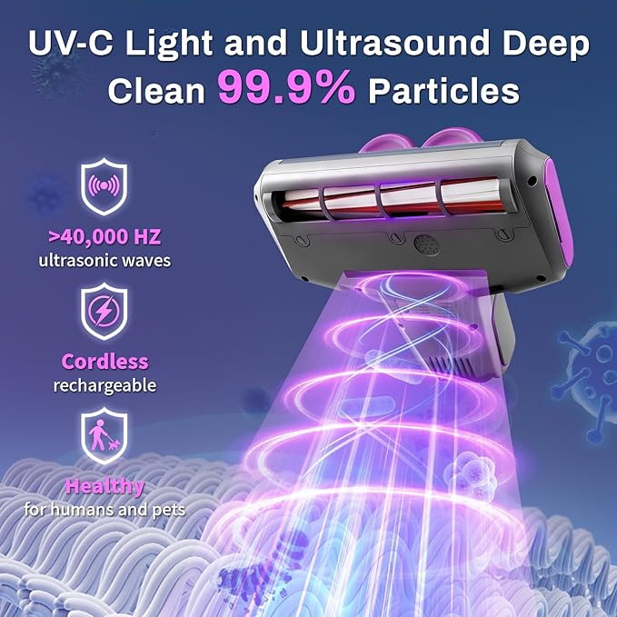 SRGARH Cordless Mattress Vacuum Cleaner, 16kpa Bed Vacuum Cleaner with 253.7nm Uv-C Light & Ultrasonic Tech Dual Bins for Dust & Widen Suction Port 120w for Bed Sofa & Pet Hair(Purple)
