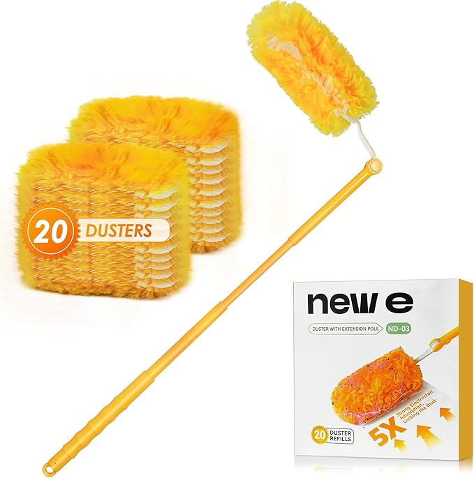 NEWE Dusters for Cleaning with 20 Refills for Flash, Dust Magnet with 1 Handle, 360 Degree Heavy Duty Microfibers Dusting Kit for Cleaning Blinds Bookshelf Furniture (Yellow)