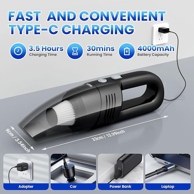 Loeeosu Handheld Vacuum Cordless Car Vacuum Cleaner 11000PA High Power Portable 1.4lbs Lightweight Rechargeable with 2 Filter Multi-Nozzles for Home Office Pet Hair Dust