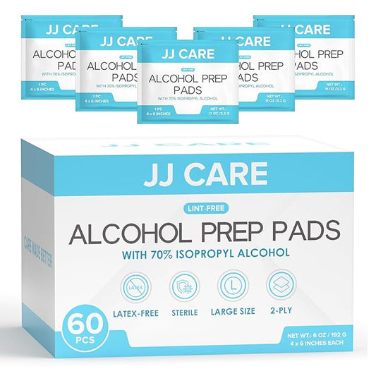 JJ CARE Large Alcohol Prep Pads [Pack of 60], 4 x 6" Sterile Alcohol Pads Individually Wrapped, 70% Isopropyl Alcohol Wipes, 2 Ply Alcohol Swabs, Perfect for Medical, First Aid Kit and Home