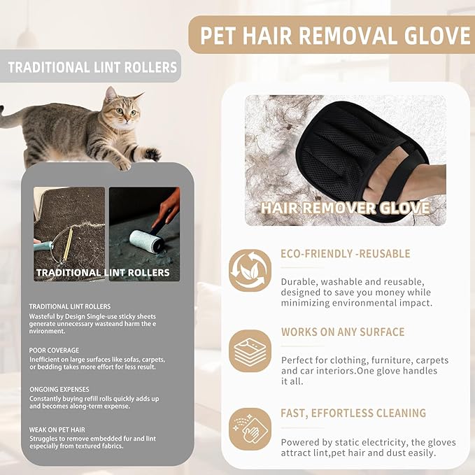 Aiwojiujiu 2 PCS Pet Hair Removal Glove for Cats & Dogs, Newly Pro Five-Finger Electrostatic Pet Hair Remover Gloves, Magic Brush Pet Hair Removal Tool (Black, L)