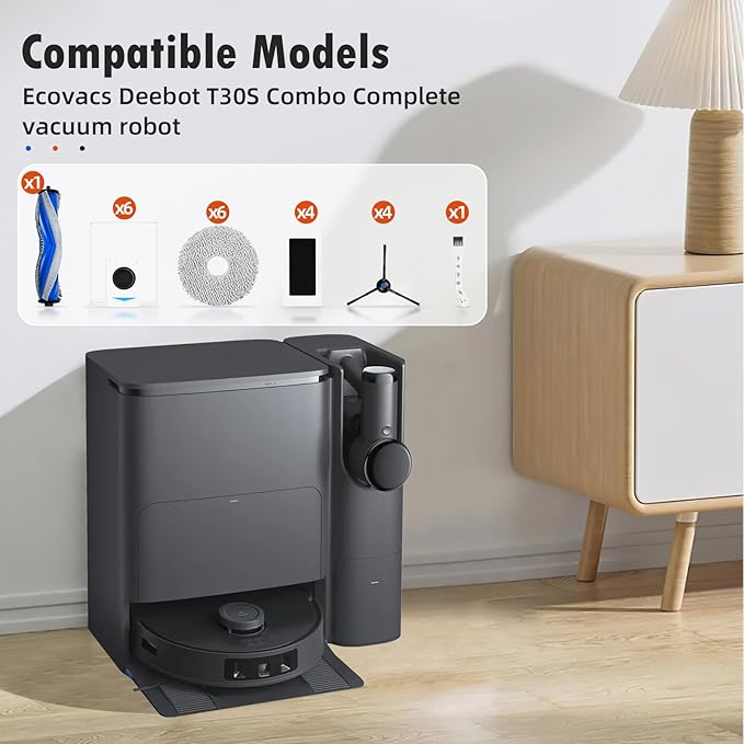 22 Pcs Vacuum Accesories Kit for ECOVACS DEEBOT T30S COMBO Robot Vacuum, Replacement Parts Include 1Rubber Brush, 4 Filters, 6 Pads, 6 T30S Combo Dust Bag, 4 Side Brush and 1 Cleaning Tool