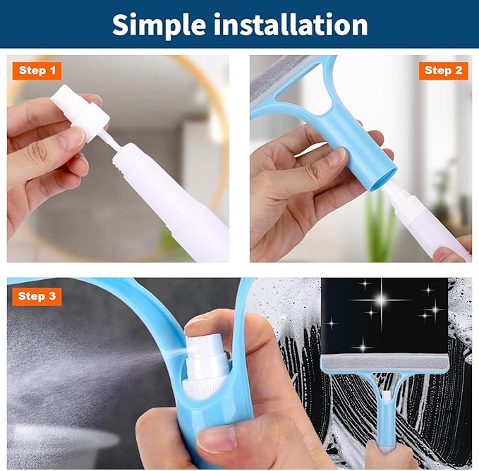 Juome 2PCS 3 in 1 Window Cleaning Scraper - Window Cleaner Squeegee with Sprayer, Squeegee for Window Cleaning Kit, Window Cleaning Tool with Cleaning Brush for Shower Glass, Mirrors, Home Window, Car