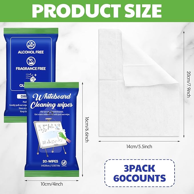 60 Counts Whiteboard Wet Wipes Dry Erase Board Cleaning Non-toxic Whiteboard Wipes Resealable Convenient Dry for Home Classroom School Office