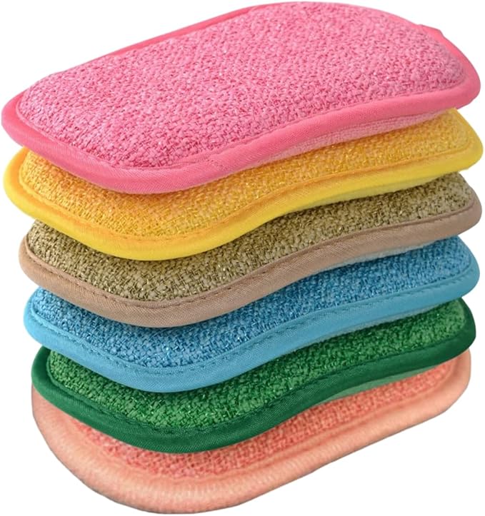 Multipurpose Kitchen Scrub Sponges, Heavy Duty Cleaning Non-Scratch Scrub Sponge, Reusable Microfiber Sponge for Household Cleaning, Six Color Packaging (6pcs)