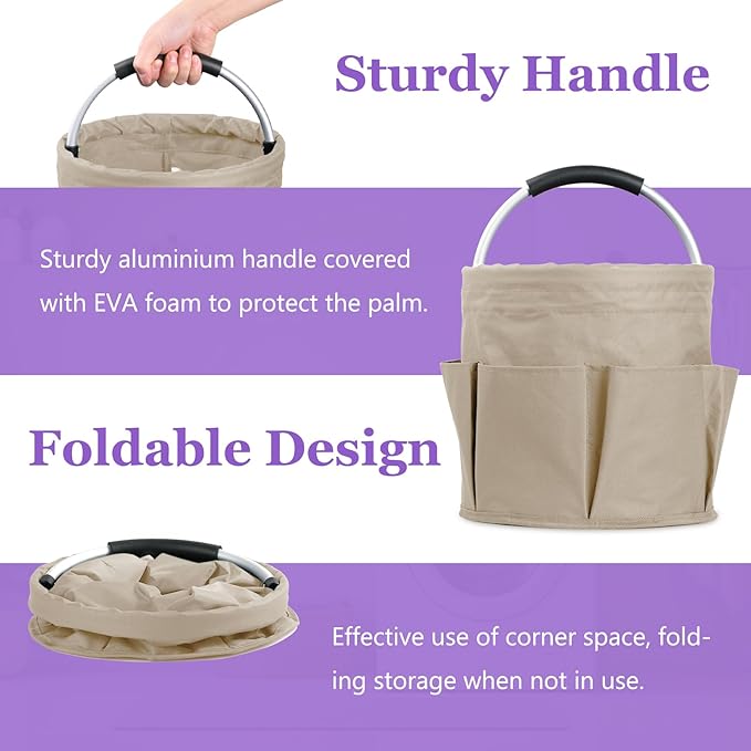 17L Cleaning Supply Caddy with Soft Handle, Portable Shower Caddy in 600D Oxford Fabric, Garden Tool Organizer Bag, Multifunctional Storage Basket for Bathroom, Garden, Khaki