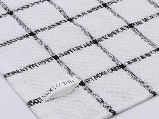 Cotton Grid Dish Cloths, Terry Cleaning Rags, 12 x 12 Inches, Light and Soft, Quick Drying Dish Rags, 8pc/Set (Black Multi)